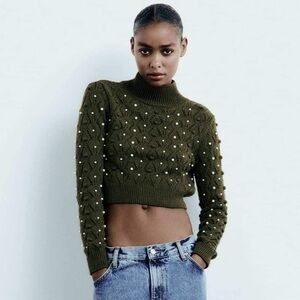 NWT Zara Woman Bloggers Fav KNIT OPEN BACK PEARLY SWEATER Kakhi Green Size M